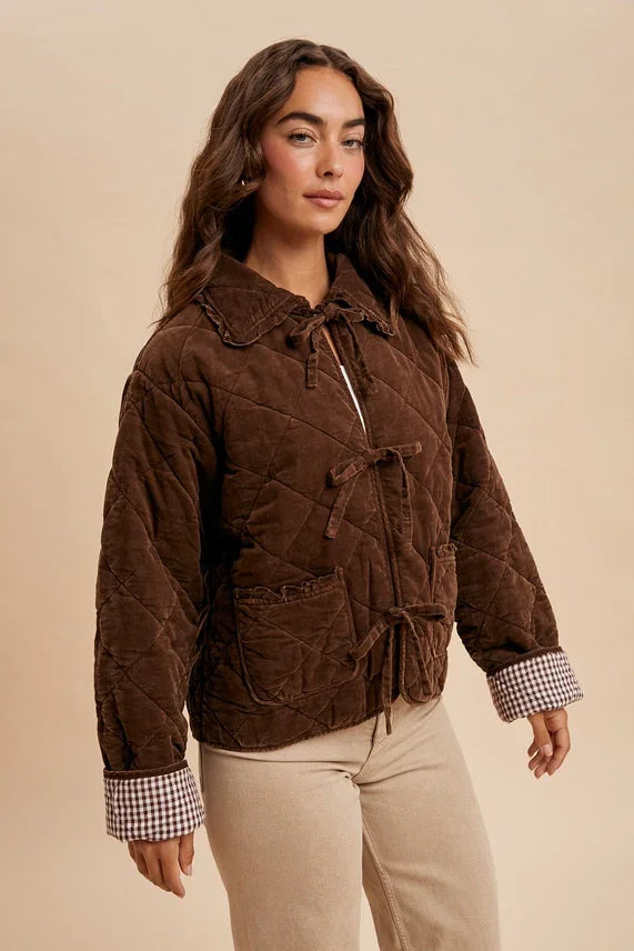 Women’s dark brown garment washed quilted corduroy jacket with scalloped collar and front ties