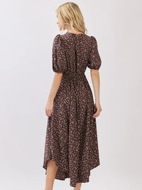 Women’s dark brown floral print short sleeve self-cover midi dress with puff sleeves and high-low hem