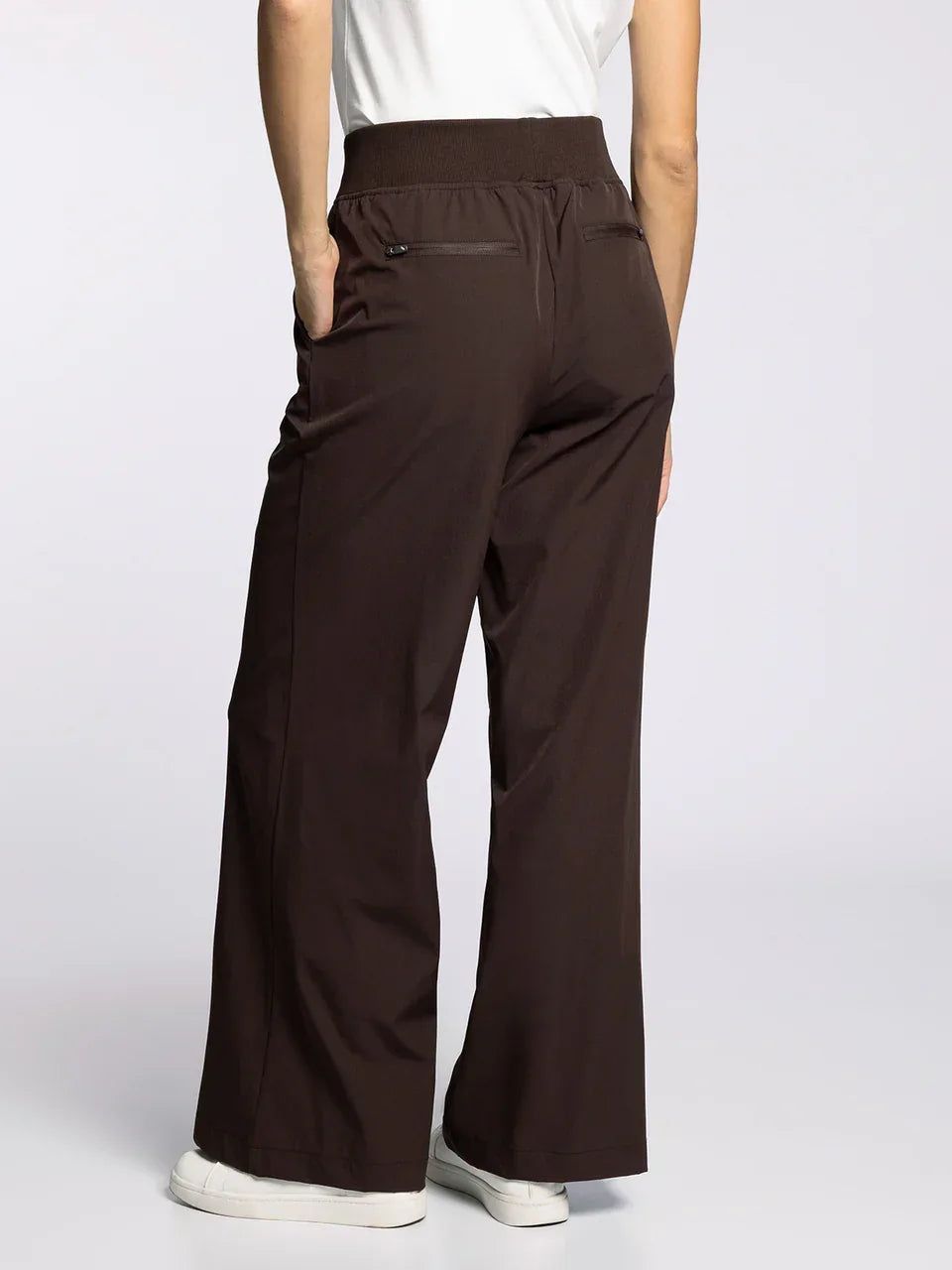 Women’s dark brown supply walker pants with elastic waist and zippered pockets