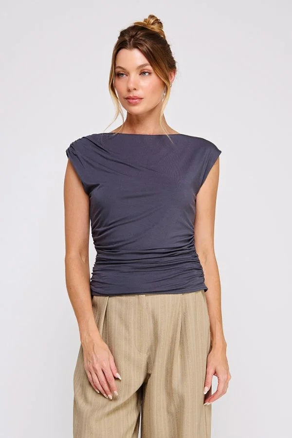 Women’s dark grey sleeveless boat neck scrunch tank top with ruched sides
