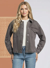 Women’s dark grey denim jacket with white stitching and frayed hem, Supply Marion jacket