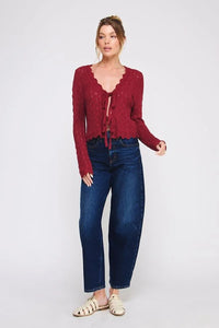 Women’s dark red tie cardigan with scalloped trim from POINTELLE FRONT TIE CARDIGAN, perfect for women’s boho chic clothing