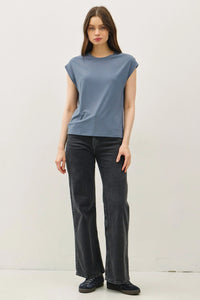 Women’s dark wash relaxed fit wide leg denim jeans with round neck and bamboo cap sleeve top