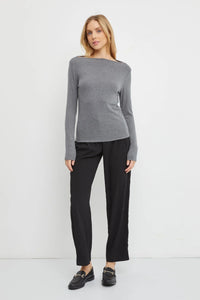 Women’s gray long sleeve knit top with basic boat neck and fitted silhouette