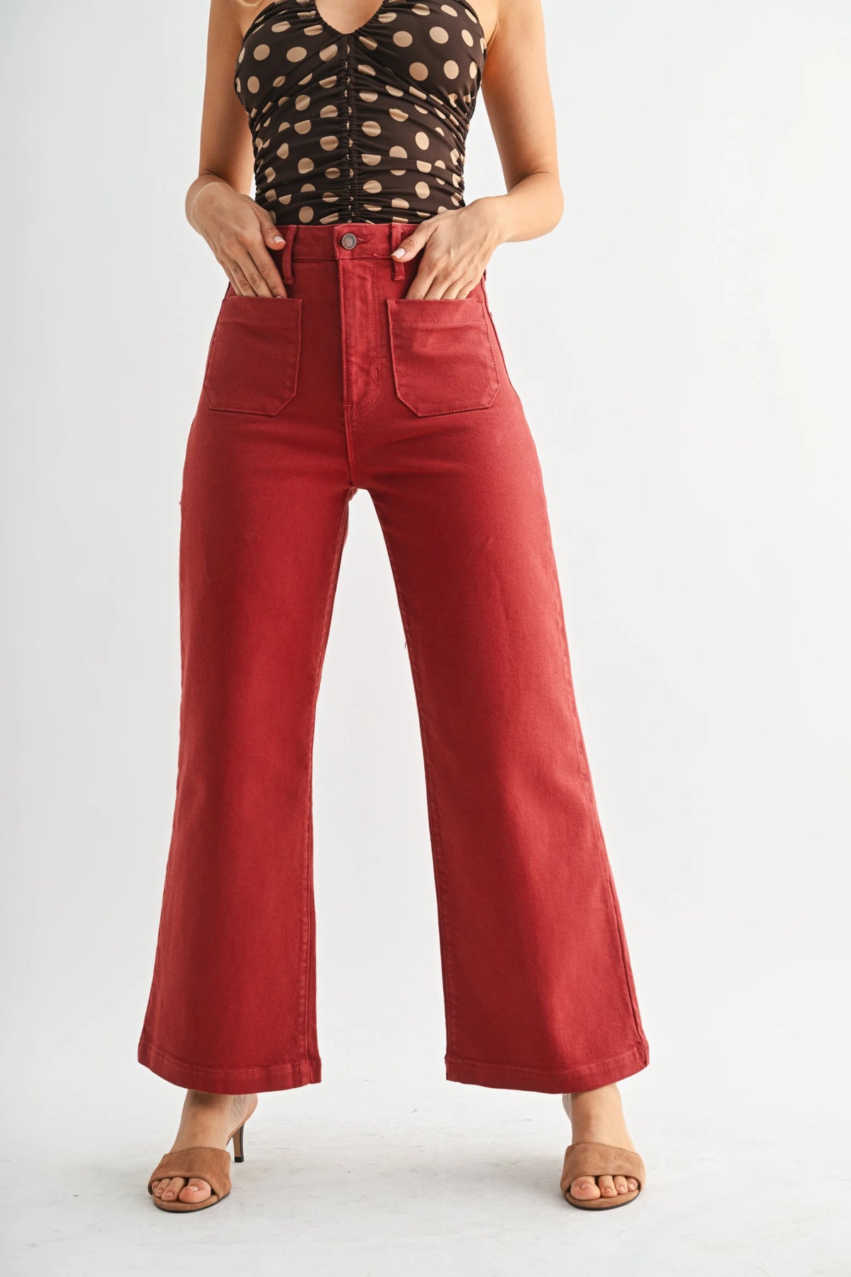 Women’s high-waisted wide-leg denim jeans with patch pockets and vibrant red color