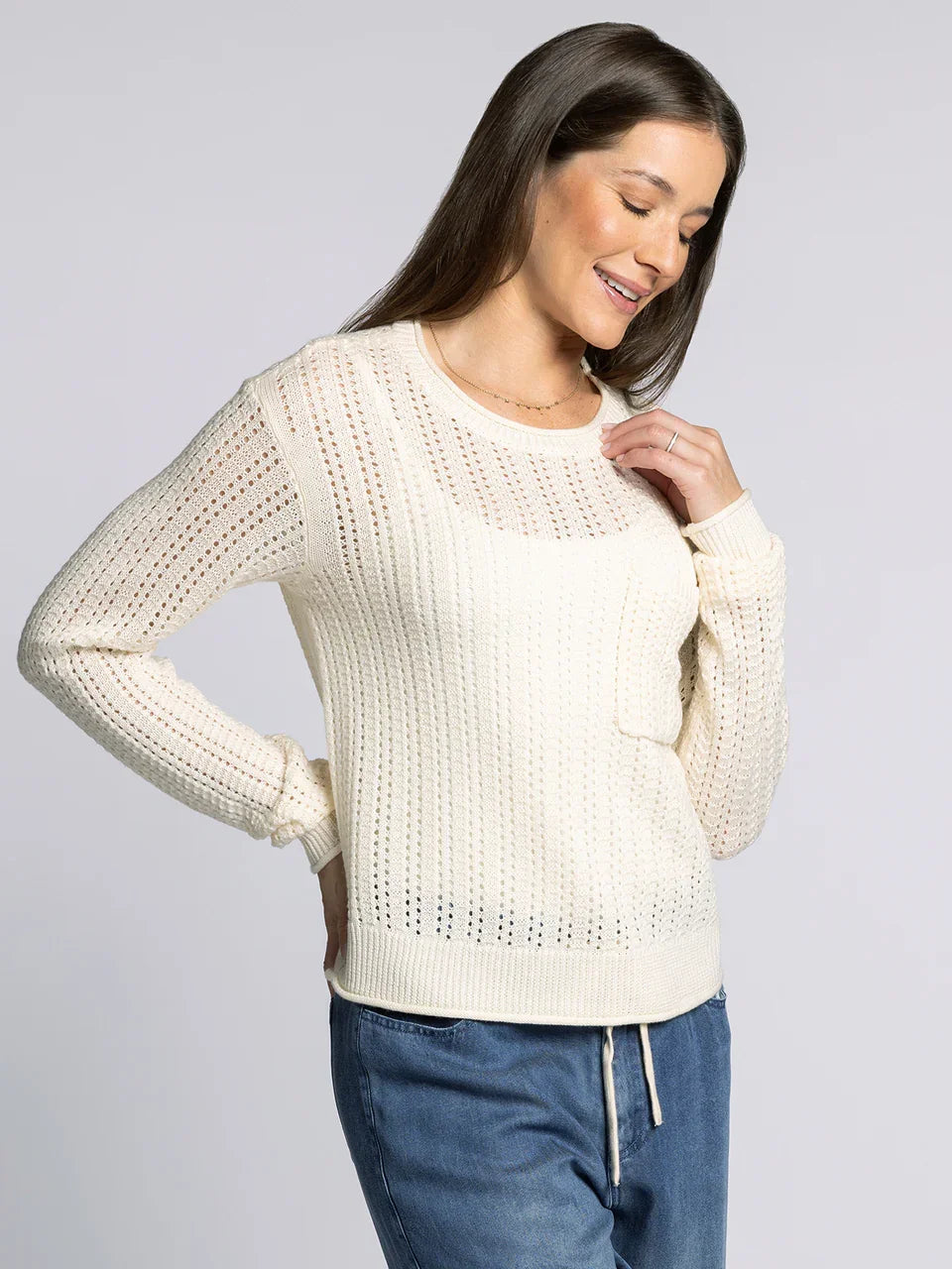 Women’s ivory open-knit crew neck sweater with chest pocket, Supply Joan Sweater