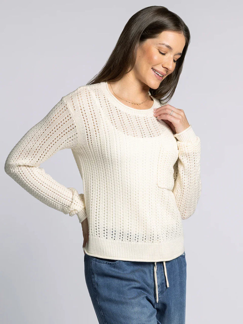 Women’s ivory open-knit crew neck sweater with chest pocket, Supply Joan Sweater