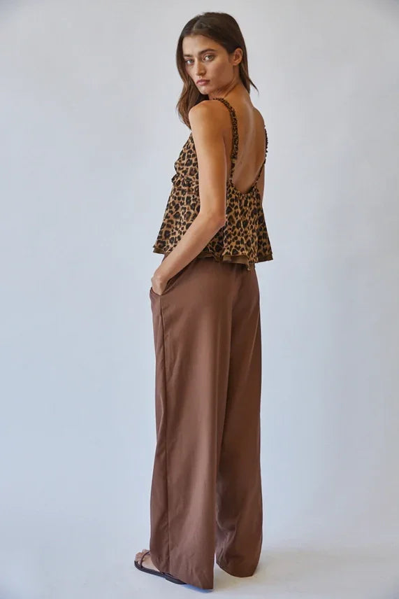 Women’s leopard print lace ruffle cami tank with brown wide-leg pants for stylish wear