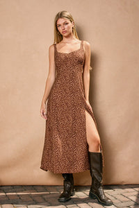 Women’s leopard print midi dress with empire waist, side slit, and square neckline