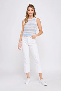 Women’s light blue and white striped crochet scallop edges knit tank top