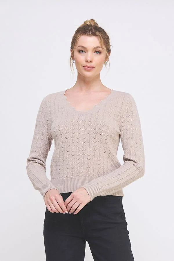 Women’s light brown pullover sweater with scallop v-neck, perfect for women’s boho chic clothing