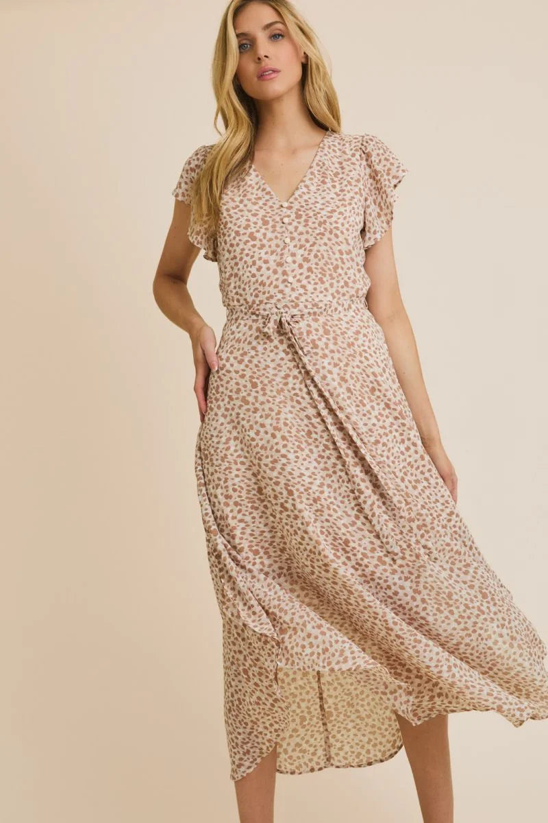 Women’s light brown animal print midi dress with V-neck and flutter sleeves