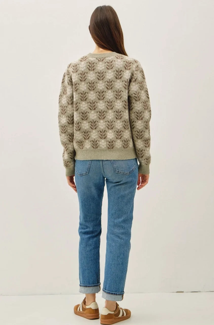 Women’s floral crew neck sweater in light olive green and brown knit fabric