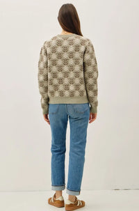 Women’s floral crew neck sweater in light olive green and brown knit fabric