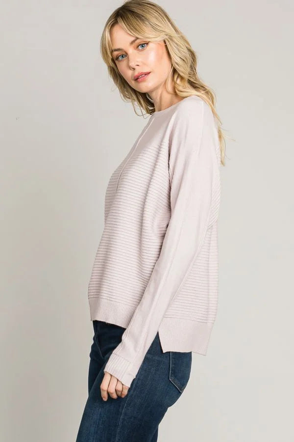 Women’s light pink ribbed knit long-sleeve sweater from SOFT MIXED TEXTURE SWEETHEART PULLOVER