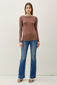 Women’s long sleeve knit top with basic boat neck in reddish-brown color showcasing a fitted silhouette