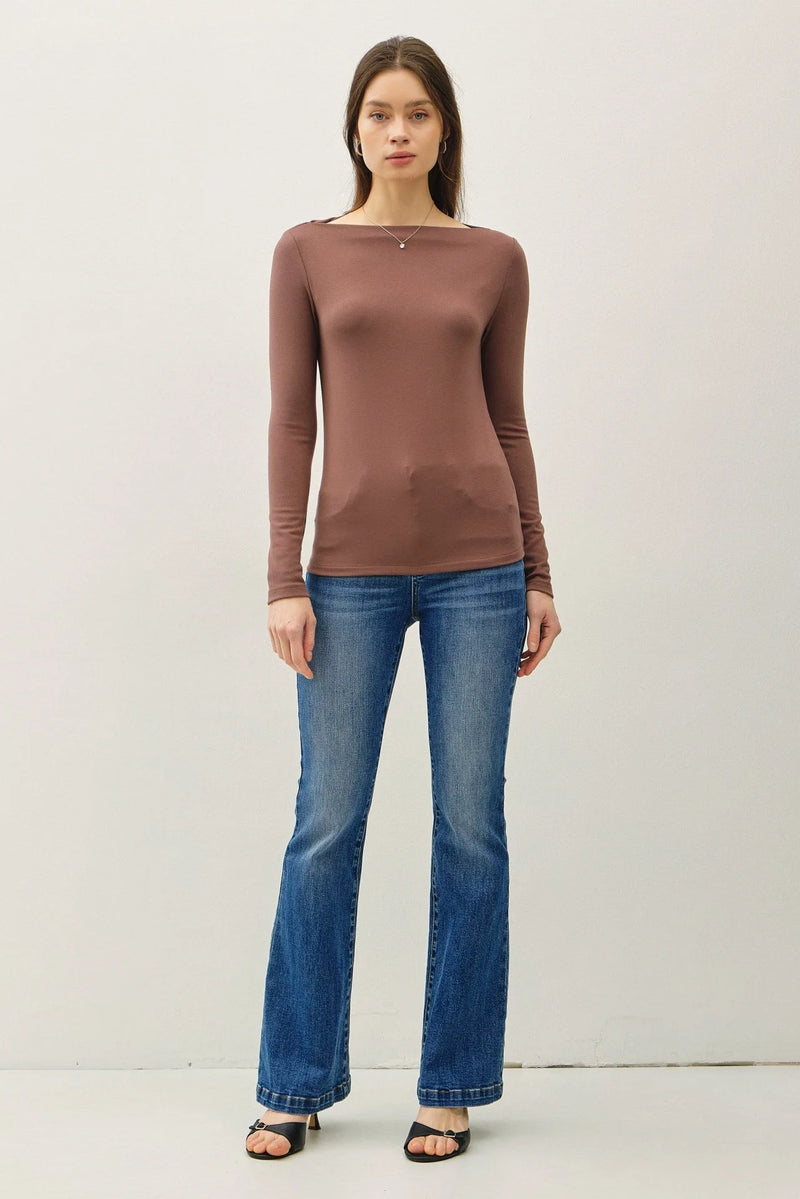 Women’s long sleeve knit top with basic boat neck in reddish-brown color showcasing a fitted silhouette