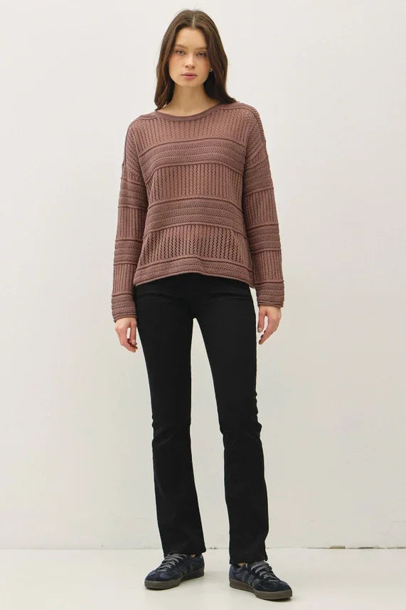 Women’s long-sleeve Fisherman Crochet Sweater with boat-neck and horizontal stripes