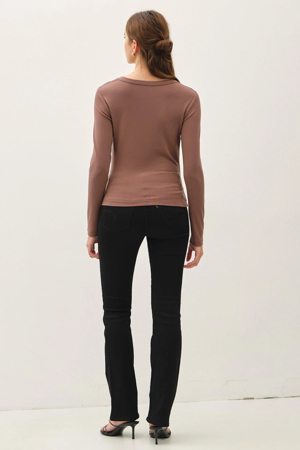 Women’s basic scoop neck long sleeve top in brown with black pants for stylish casual wear