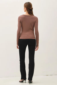 Women’s basic scoop neck long sleeve top in brown with black pants for stylish casual wear