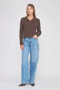 Women’s long-sleeve collared brown small cable knit button-up shirt for the SMALL CABLE KNIT BUTTON DOWN CARDIGAN