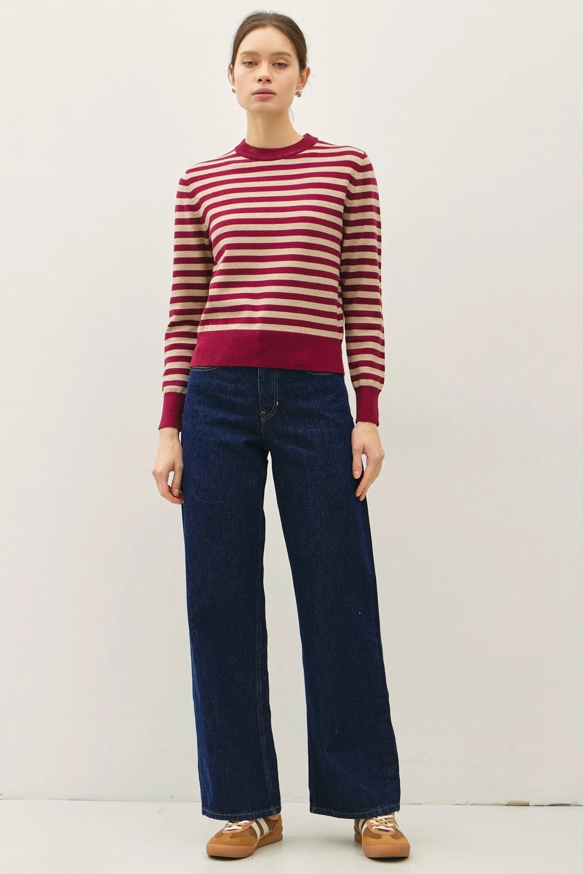 Women’s long-sleeve crewneck sweater with horizontal burgundy and light pink stripes, classic stripe cropped style