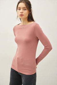 Women’s mauve long sleeve knit top with basic boat neck and fitted silhouette