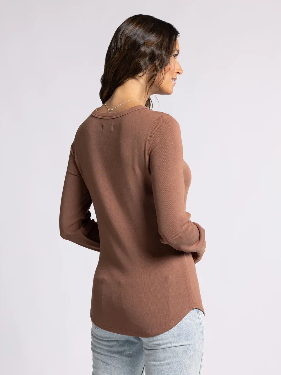 Women’s long sleeve basic Stacy top in brown knit with scoop neck and rounded hem
