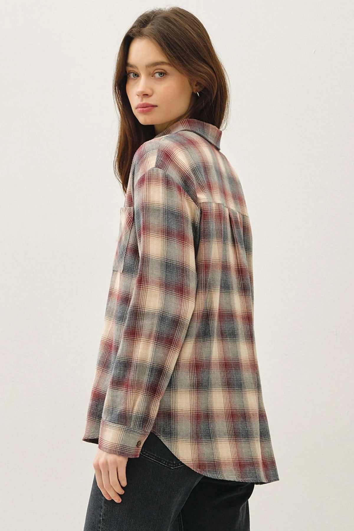 Women’s long-sleeved classic cotton plaid shirt with cream, burgundy, and gray shades