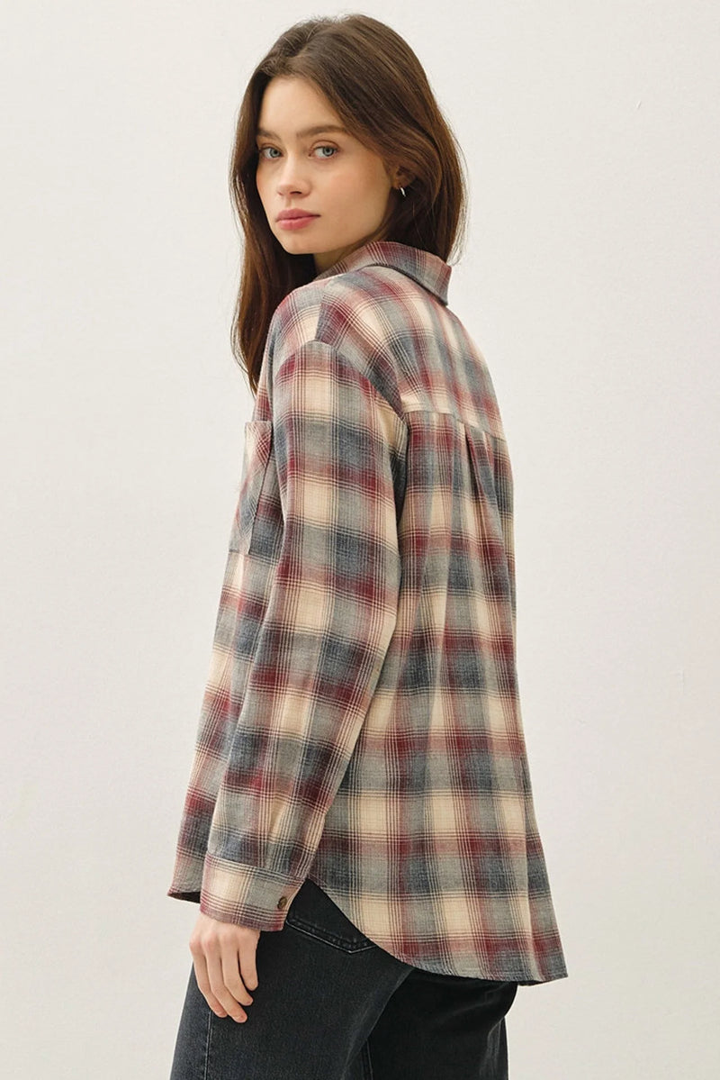 Women’s long-sleeved classic cotton plaid shirt with cream, burgundy, and gray shades