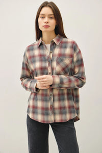 Women’s classic cotton plaid shirt with long sleeves, button-up front, and chest pocket