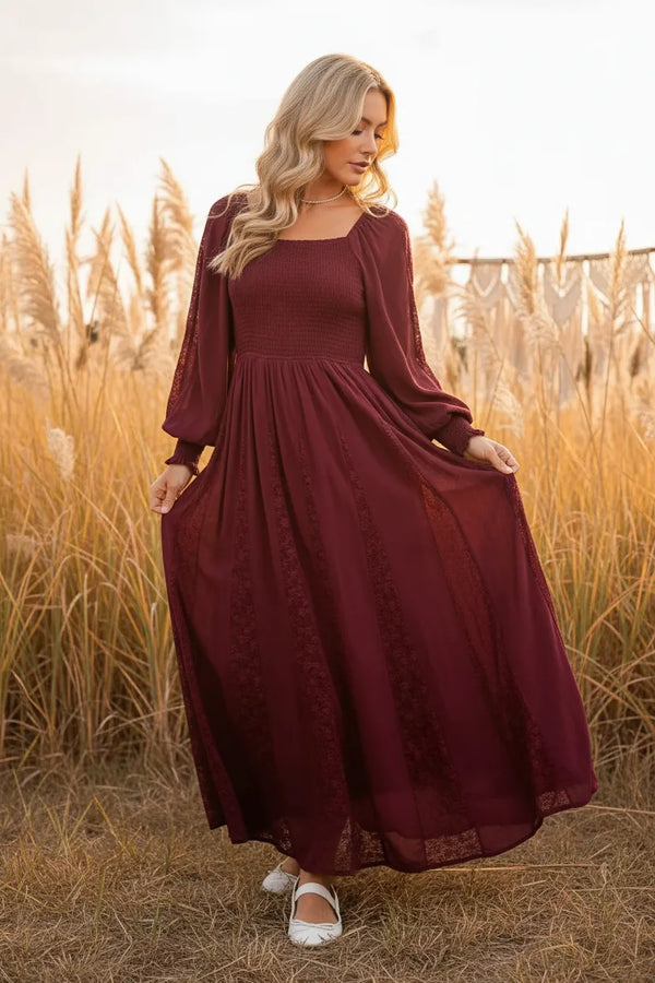 LACE INSET SMOCKED MAXI DRESS LONG SLEEVE RED CHERRY LAQUER / LARGE LACE INSET SMOCKED MAXI DRESS LONG SLEEVE RED CHERRY LAQUER / LARGE