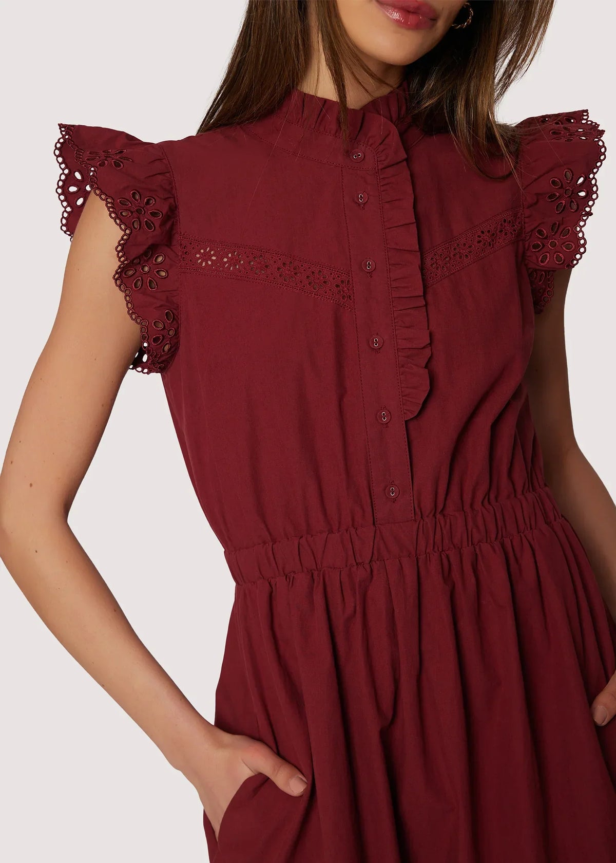 Women’s maroon LOST + WANDER ARTISTA AURA MIDI DRESS with ruffled sleeves and eyelet detail