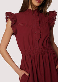 Women’s maroon LOST + WANDER ARTISTA AURA MIDI DRESS with ruffled sleeves and eyelet detail