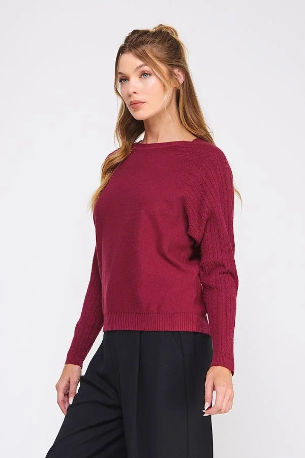 Women’s maroon fine gauge boat neck sweater with long sleeves and crew neck style