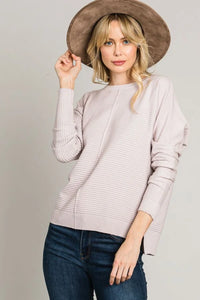 Women’s mauve soft mixed texture fine gauge pullover with round neck and long sleeves