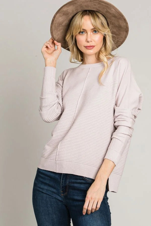 Women’s mauve soft mixed texture fine gauge pullover with round neck and long sleeves