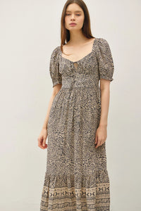 Women’s paisley border print puff sleeve midi dress with sweetheart neckline and tiered skirt