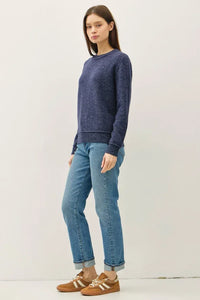 Women’s navy blue flecked crew neck pullover with exposed seam detailing