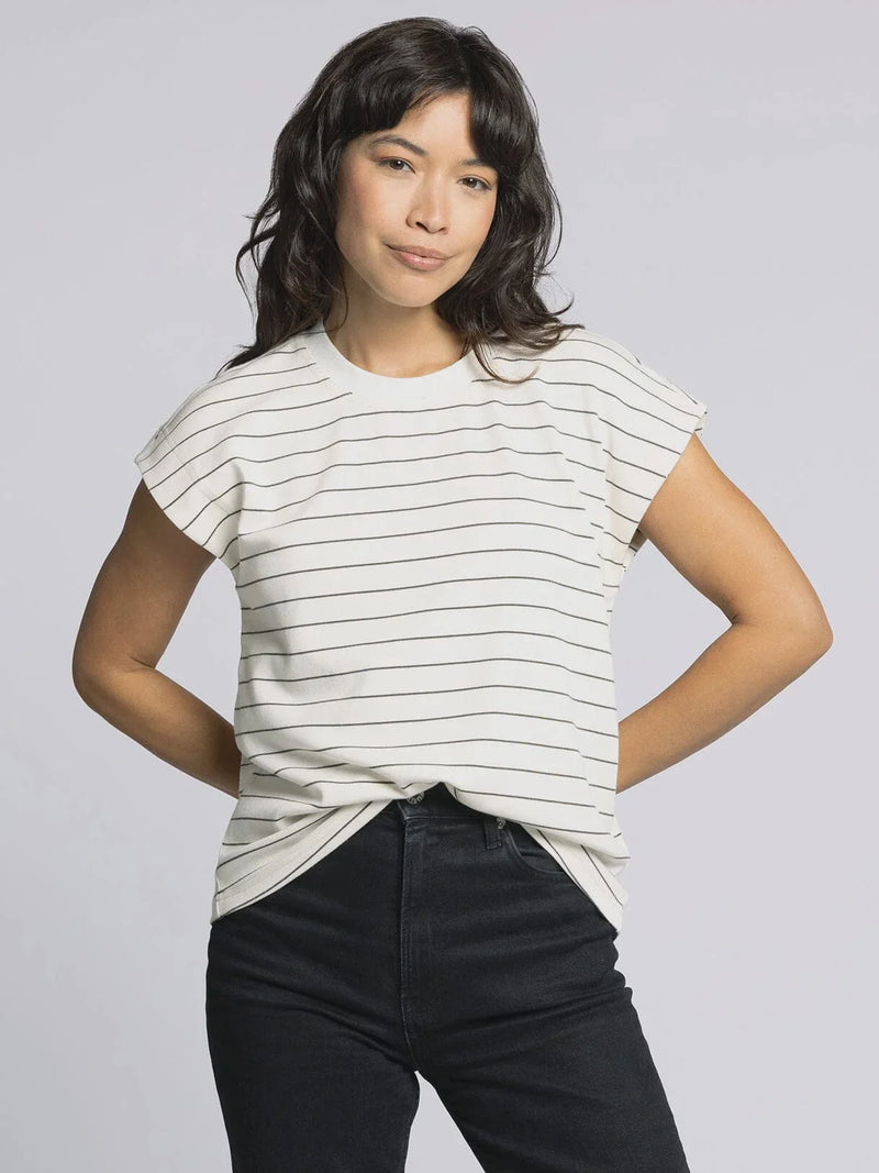 Women’s off-white striped short-sleeve crewneck T-shirt from Supply Bella, Bella Tee style