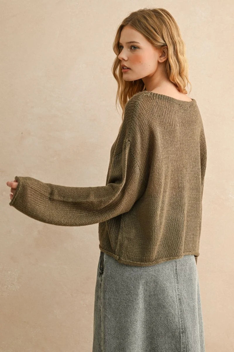 Women’s olive green light weight long knit boat-neck sweater for casual wear