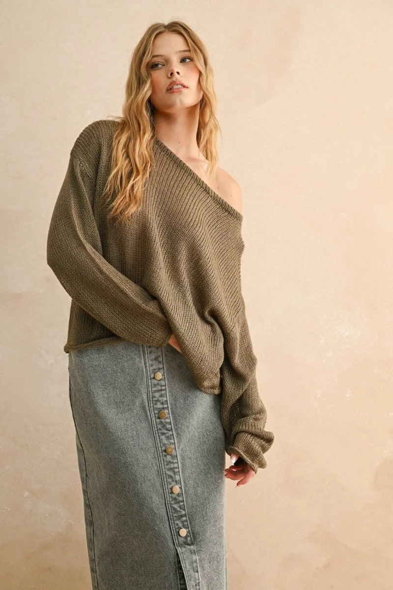 Women’s olive green off-the-shoulder light weight long sleeve sweater for stylish comfort