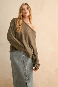 Women’s olive green off-the-shoulder light weight long sleeve sweater for stylish comfort