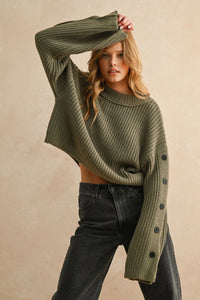 Olive green knit sweater with buttoned long sleeves, wide neck long style, women’s fashion