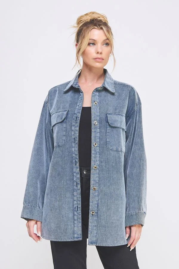 Women’s oversized faded blue-grey corduroy shacket with collar and button-down design