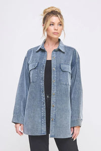 Women’s oversized faded blue-grey corduroy shacket with collar and button-down design