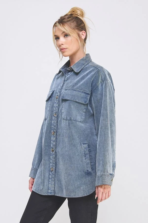 Women’s oversized light blue corduroy shacket with collared button-down design
