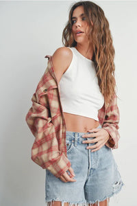 Women’s oversized plaid long sleeve shirt jacket in red and beige for casual wear
