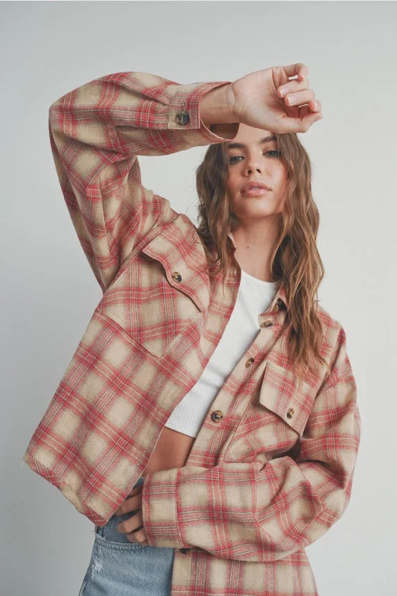 Women’s oversized plaid long sleeve shirt jacket in red and beige for casual style