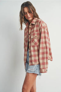 Women’s oversized plaid long sleeve shirt jacket in red and beige with front pockets